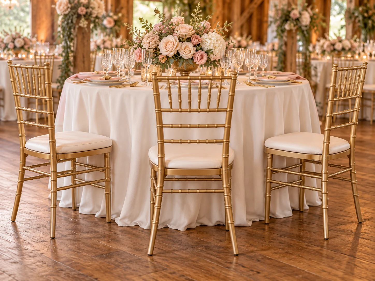 Gold wedding reception chairs with ivory cushions beside a dressed dining table
