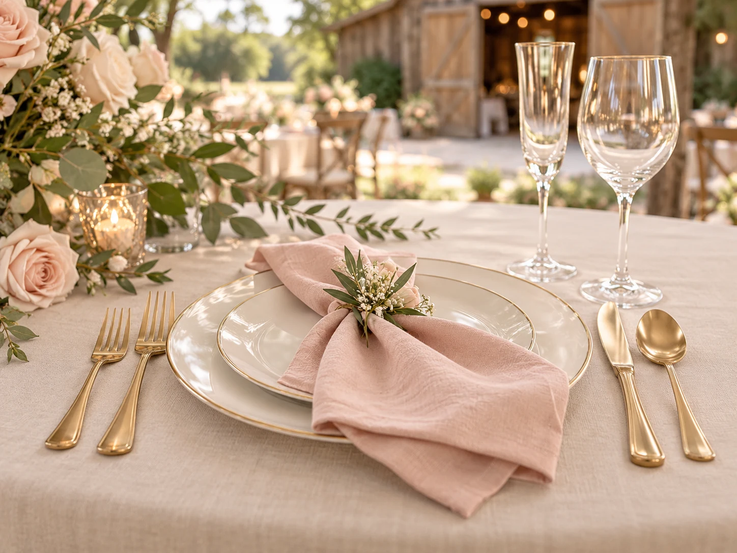 Ivory plate, blush linen napkin, gold cutlery and glassware arranged for a wedding reception