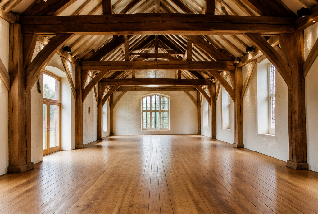 Empty oak barn with timber beams, white walls and a wooden floor
